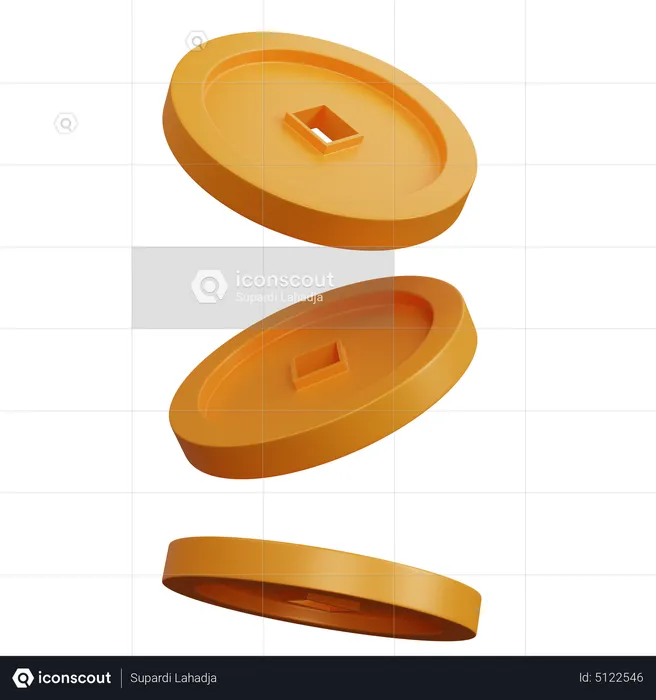 Three Chinese Gold Coins  3D Icon