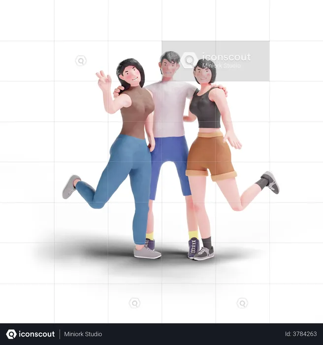 Three Happy friends standing with arm around  3D Illustration