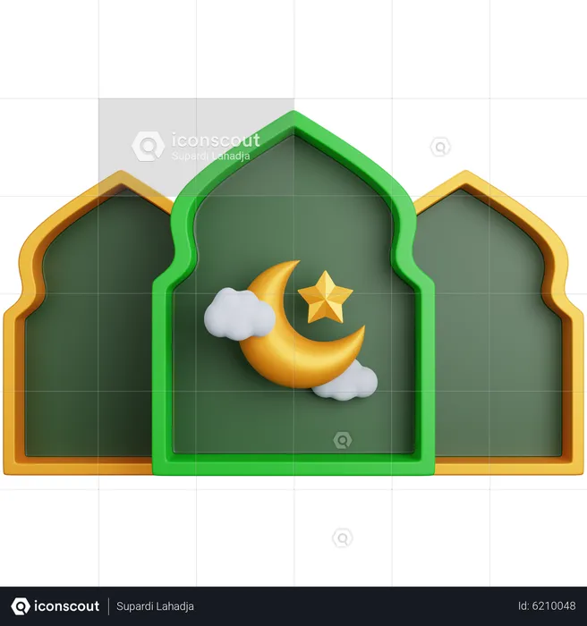 Three Muslim Window Ornament With Crescent Moon  3D Icon