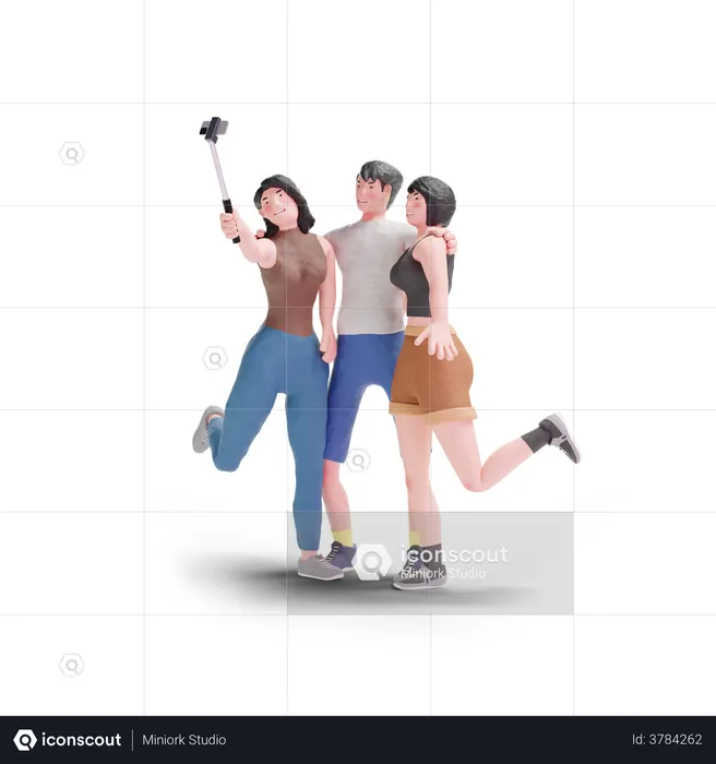 Three people selfie with selfie stick  3D Illustration