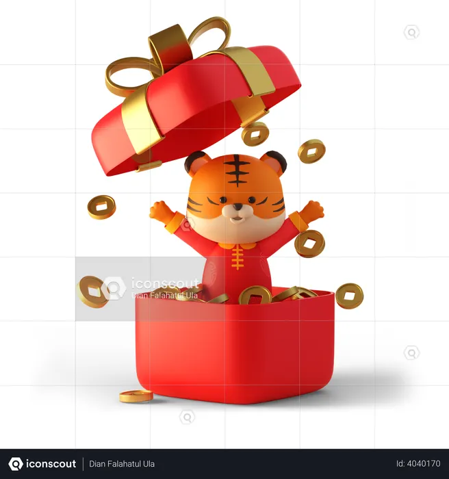 Tigre fofo em caixa de presente vermelha cheia de moedas chinesas  3D Illustration