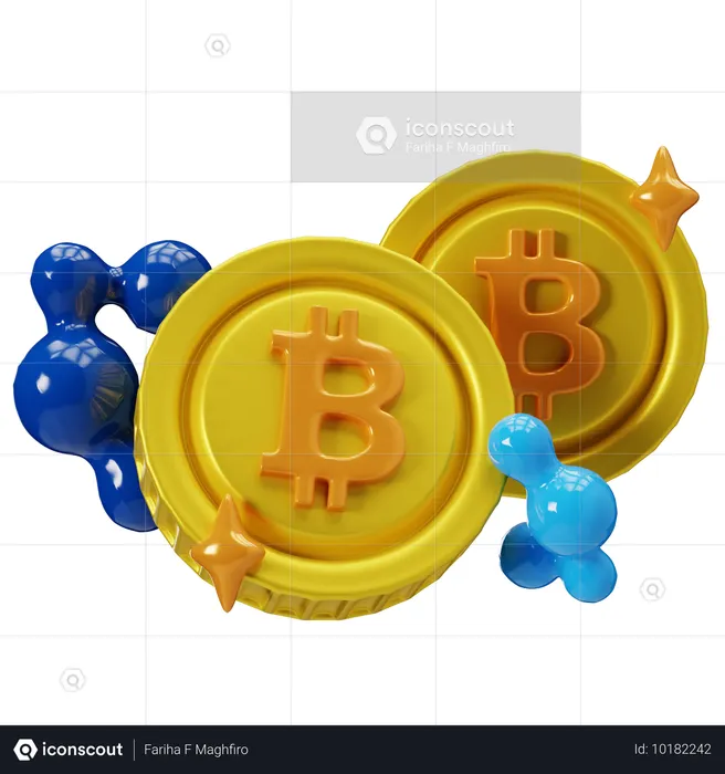Fichas de Bitcoin doradas con moléculas azules  3D Illustration