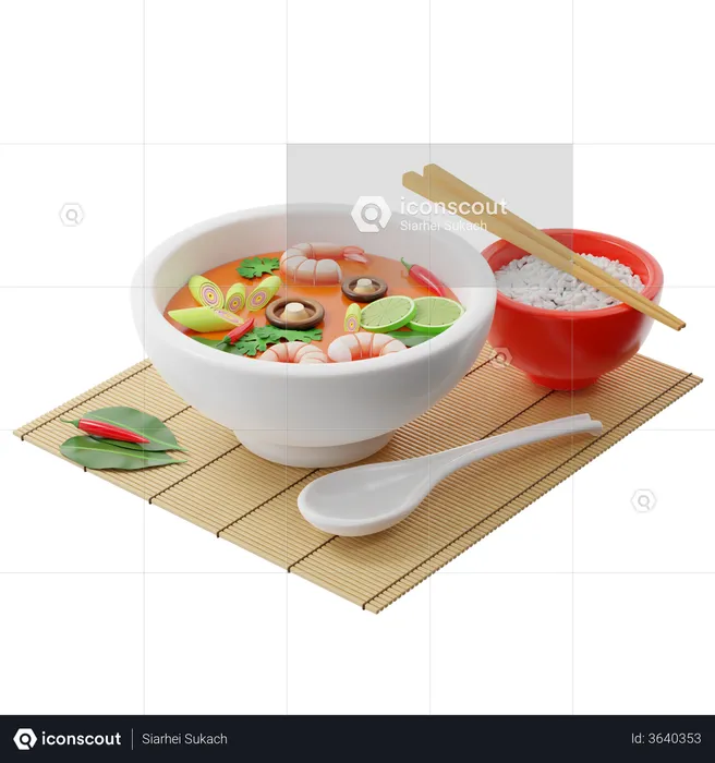 Tom Yam Kung soup in a buddha bowl  3D Illustration