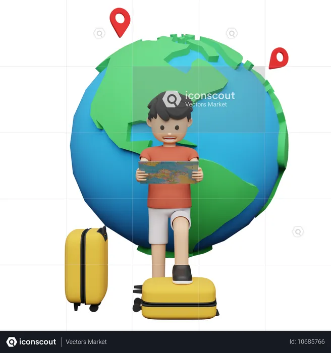 Tourist finding location on map  3D Illustration