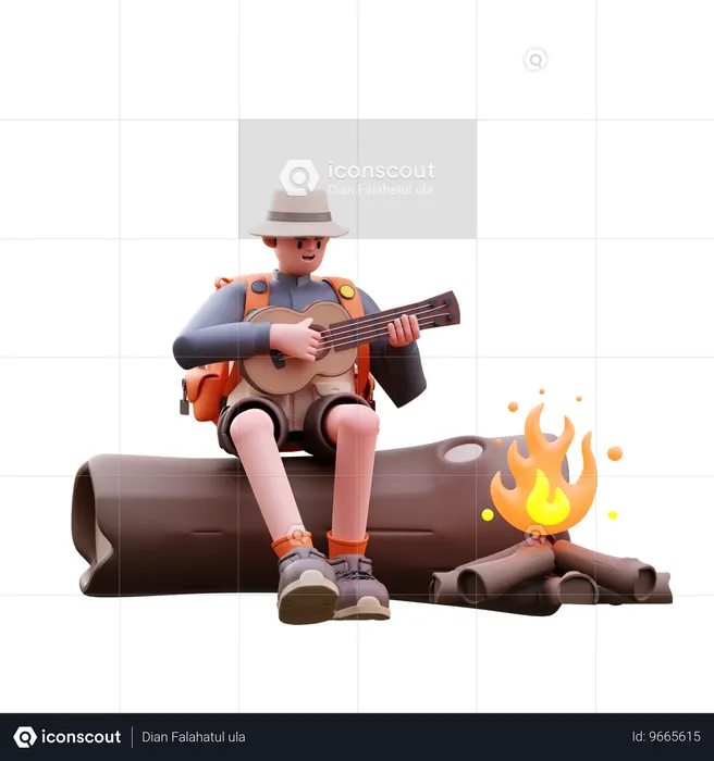 Tourist Mann spielt Gitarre am Lagerfeuer  3D Illustration