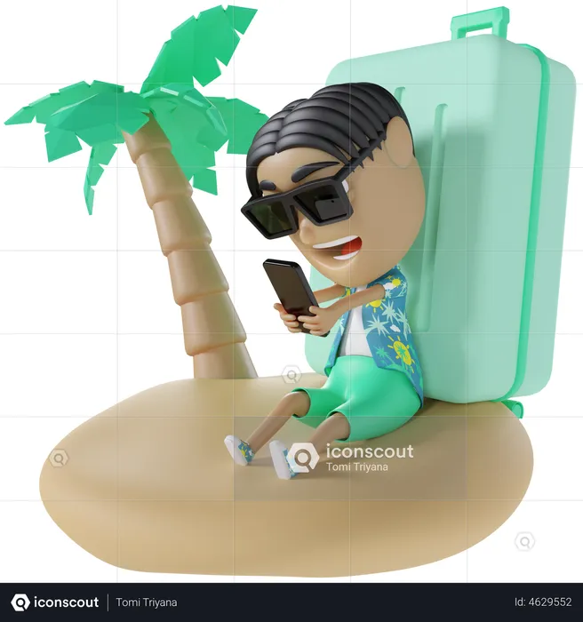 Tourist Using Mobile on beach  3D Illustration