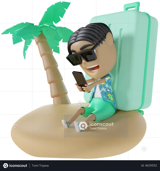 Touriste utilisant Mobile sur la plage  3D Illustration