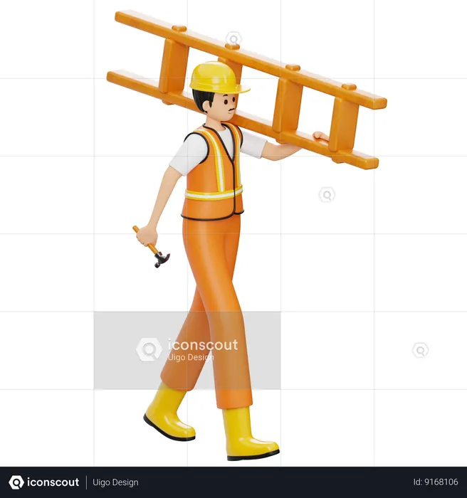 Trabajador de la construcción llevando escalera  3D Illustration