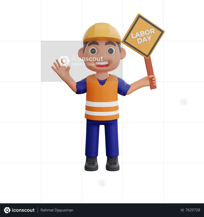 Trabajador de la construcción masculino sosteniendo junta del día del trabajo  3D Illustration