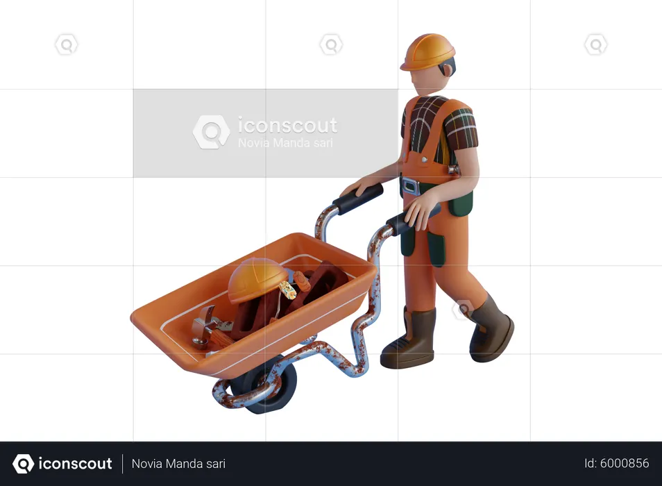 Trabalhador da construção civil com um carrinho de mão cheio de ferramentas  3D Illustration