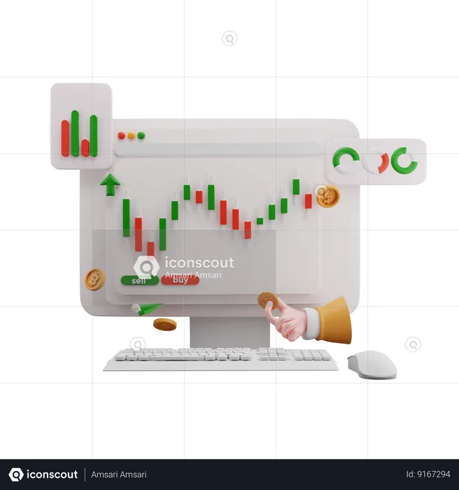 Trading Market Analysis on Monitor with Upward Moving Growth Cart  3D Icon