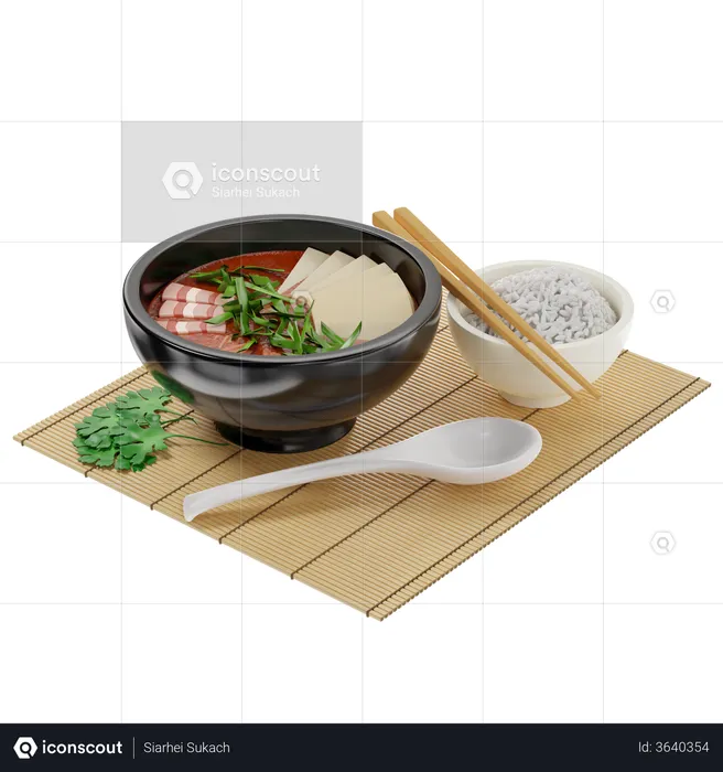 Traditional Korean soup Kimchi with meat and garnished with tofu and green onions 3D Illustration