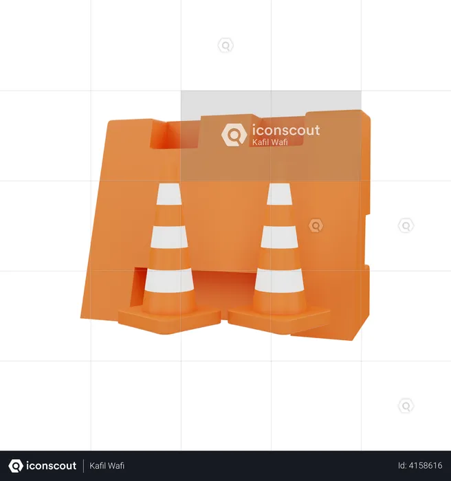 Traffic cone with roadblock  3D Illustration