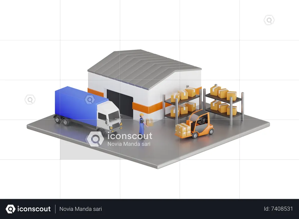 Trailer Container Truck Parked Loading Package Boxes at the Warehouse  3D Illustration