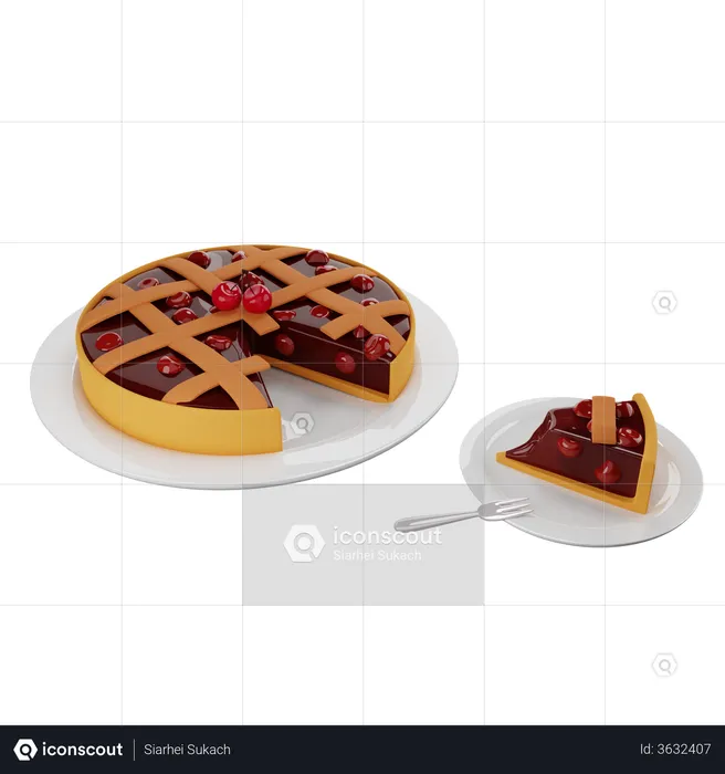 Tranche de tarte aux cerises avec une croûte en treillis servie sur une soucoupe  3D Illustration