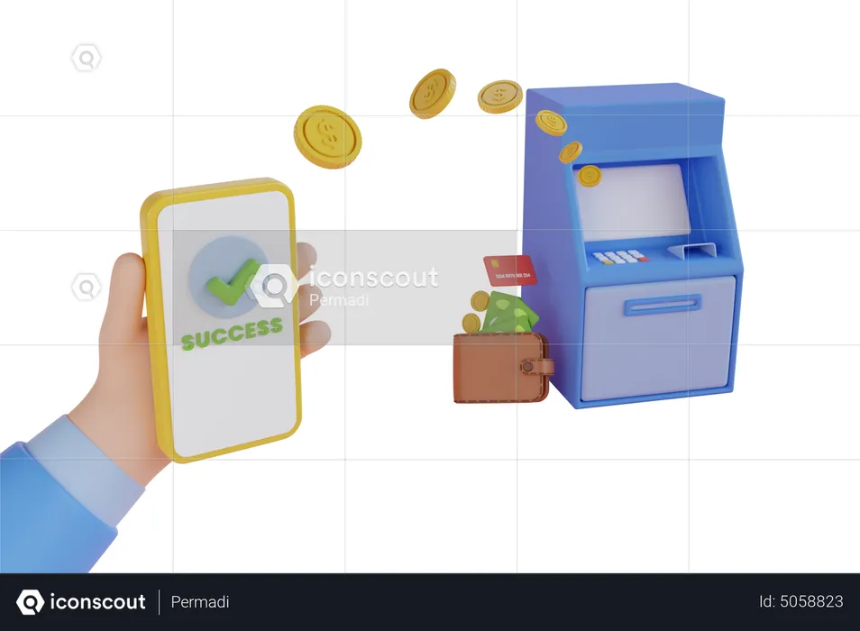 Transfer funds from mobile to ATM  3D Illustration