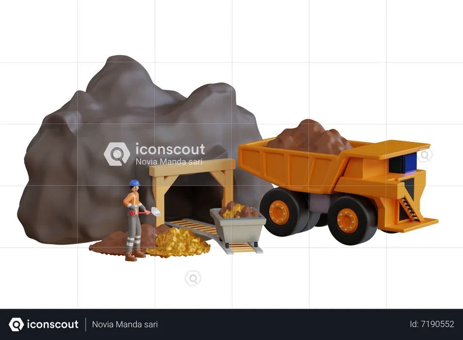 Transporting truck at the entrance of gold mine  3D Illustration