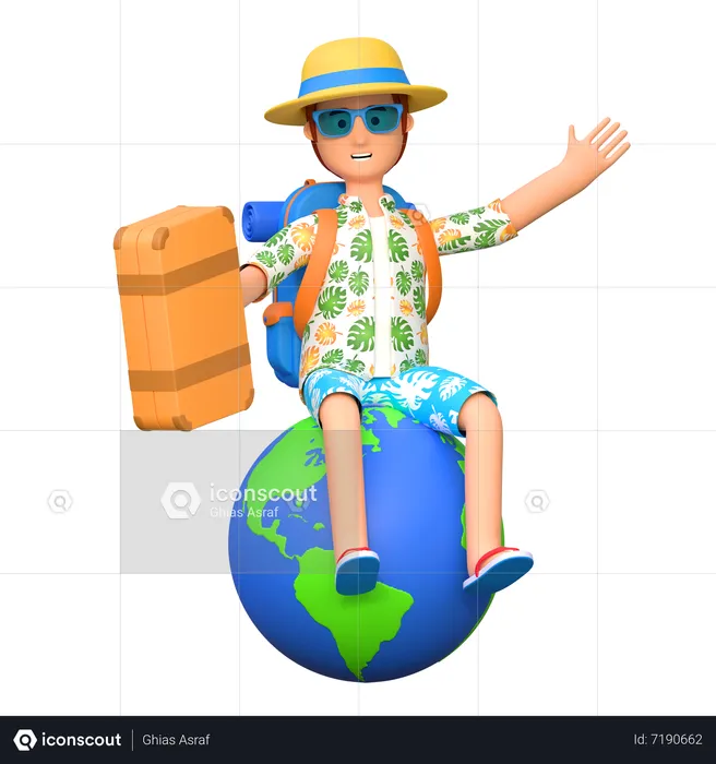 Traveler sitting above world globe  3D Illustration