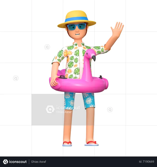 Traveler using flamingo ring for swimming  3D Illustration