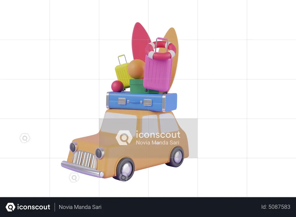 Travelling car with essential stuff on the roof  3D Illustration