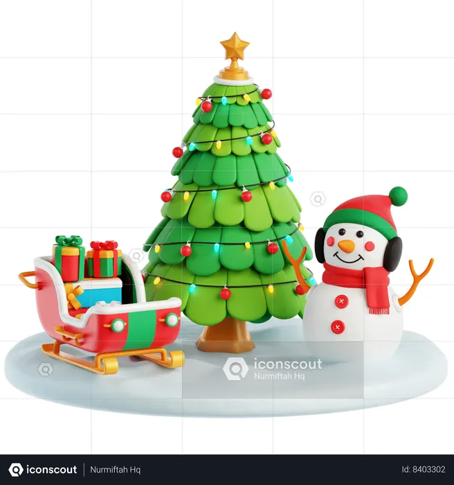 Trineo, muñeco de nieve y árbol de Navidad.  3D Icon