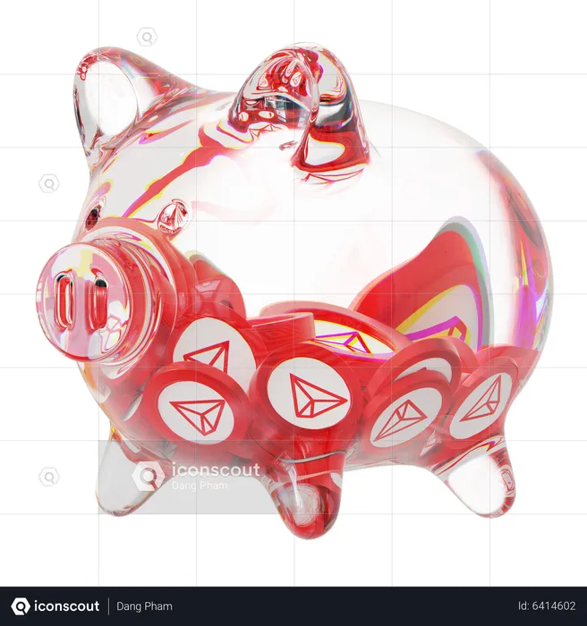 Trx Clear Glass Piggy Bank With Decreasing Piles Of Crypto Coins  3D Icon