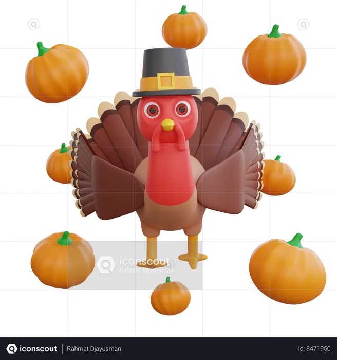 Turkey Bird With Pumpkins  3D Icon