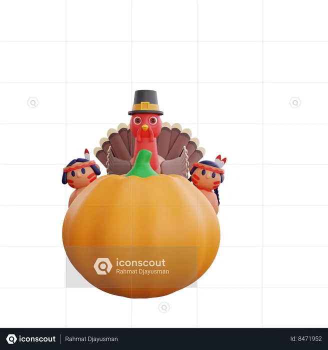 Turkey Birds On Pumpkin  3D Icon