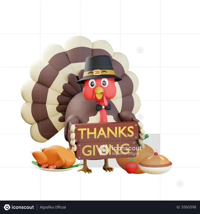 Turkey Holding Thanks Giving Banner  3D Icon