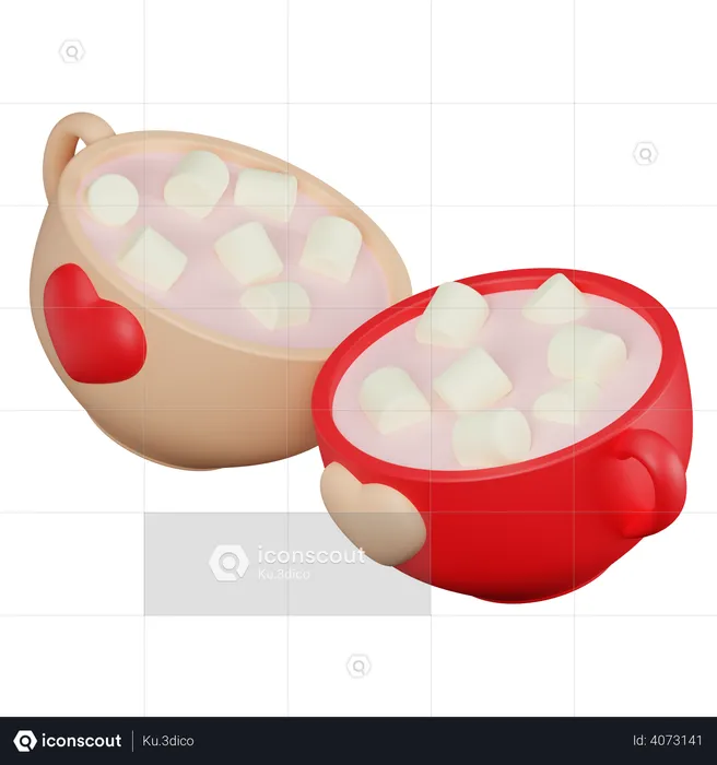 Two cups with heart and marshmallow  3D Icon
