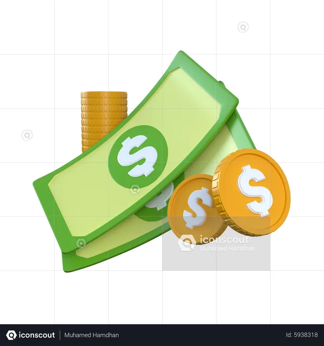 Two Dollar Bills and Coins  3D Icon