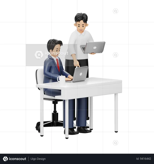 Two People Working Together Working On Laptop  3D Illustration