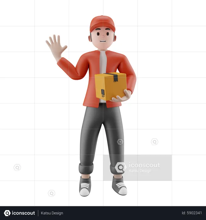 Um entregador segurando uma caixa de papelão dizendo olá  3D Illustration