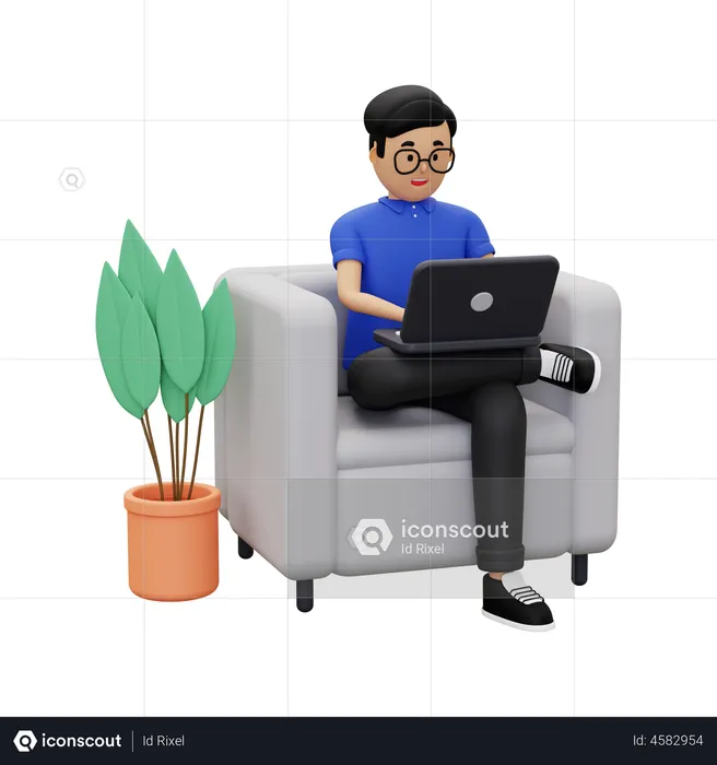 Um homem está trabalhando em casa usando um laptop  3D Illustration