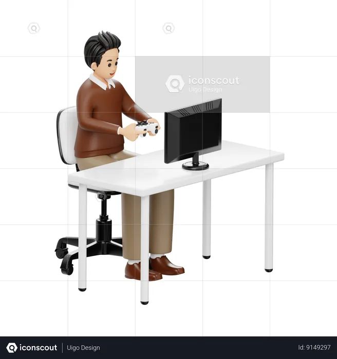 Un homme joue à un jeu vidéo  3D Illustration