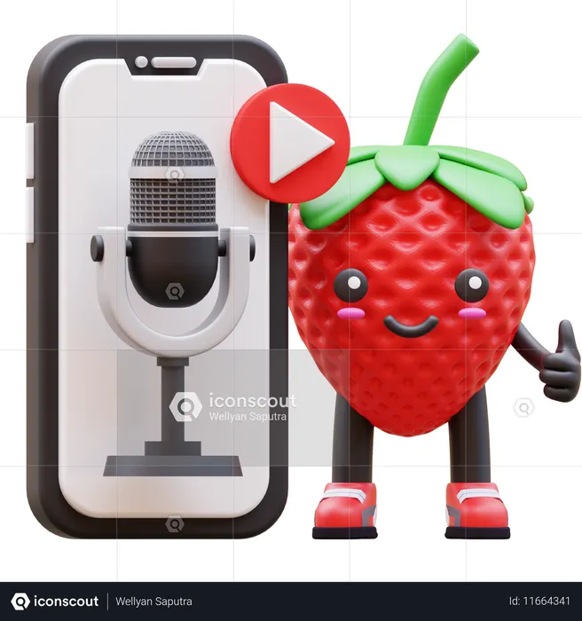 Una linda fresa promocionando un podcast en la pantalla de un teléfono inteligente  3D Icon