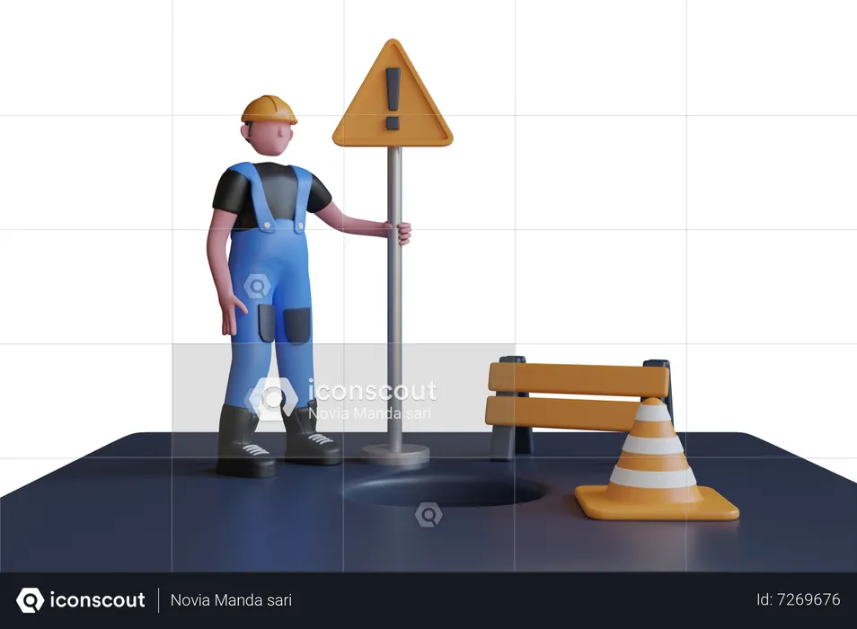 Under construction barrier with traffic cone on a city street  3D Icon