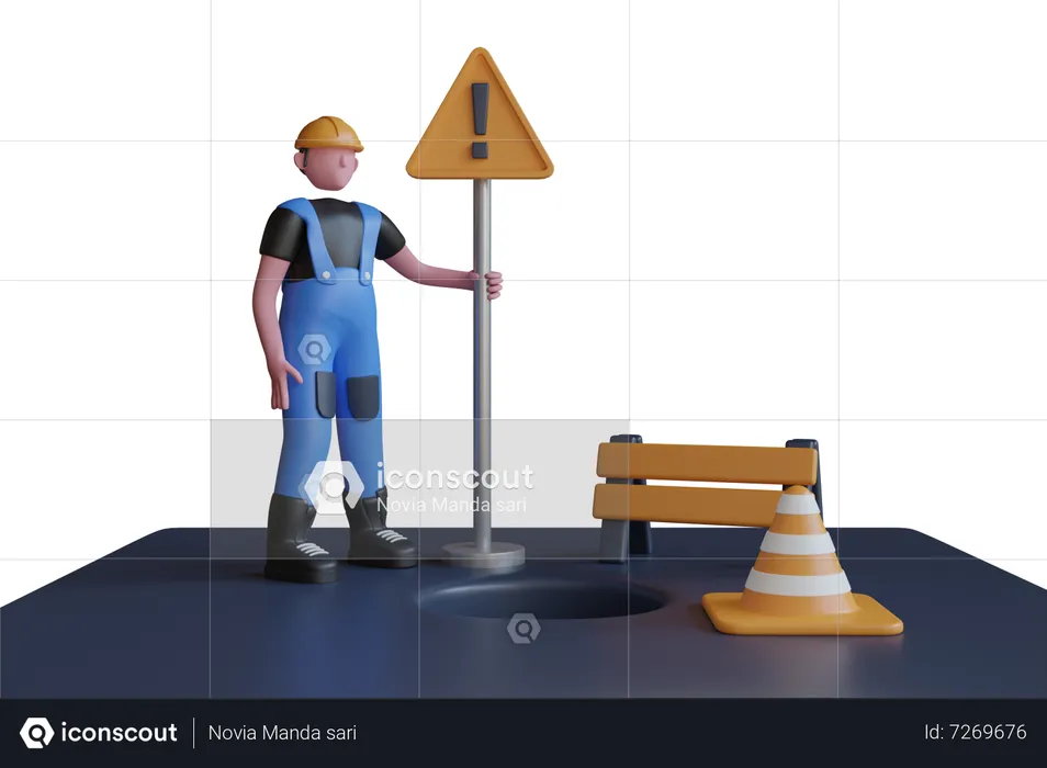 Under construction barrier with traffic cone on a city street  3D Illustration