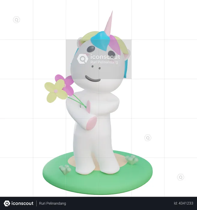 Unicorn Holding Flower  3D Illustration