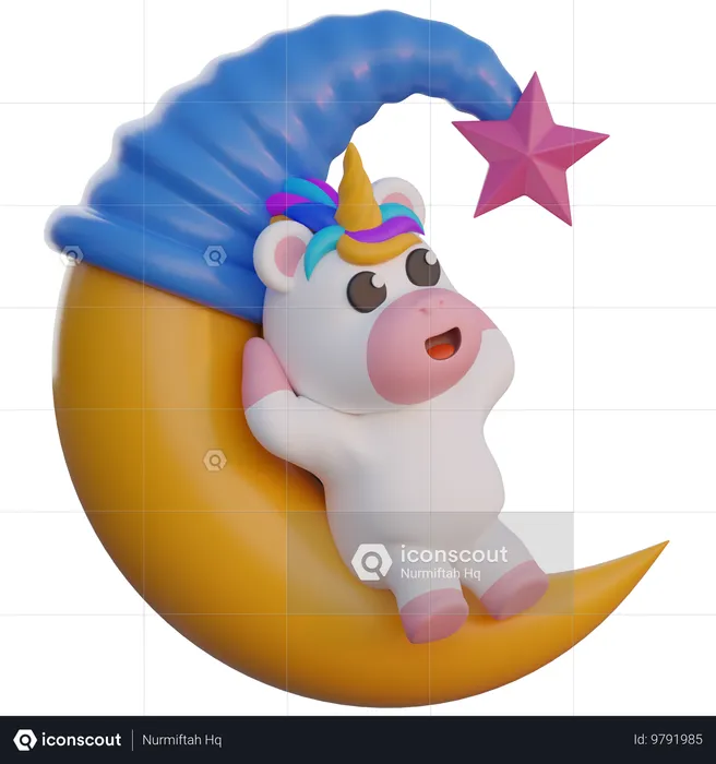 Unicorn Lying On The Moon  3D Illustration