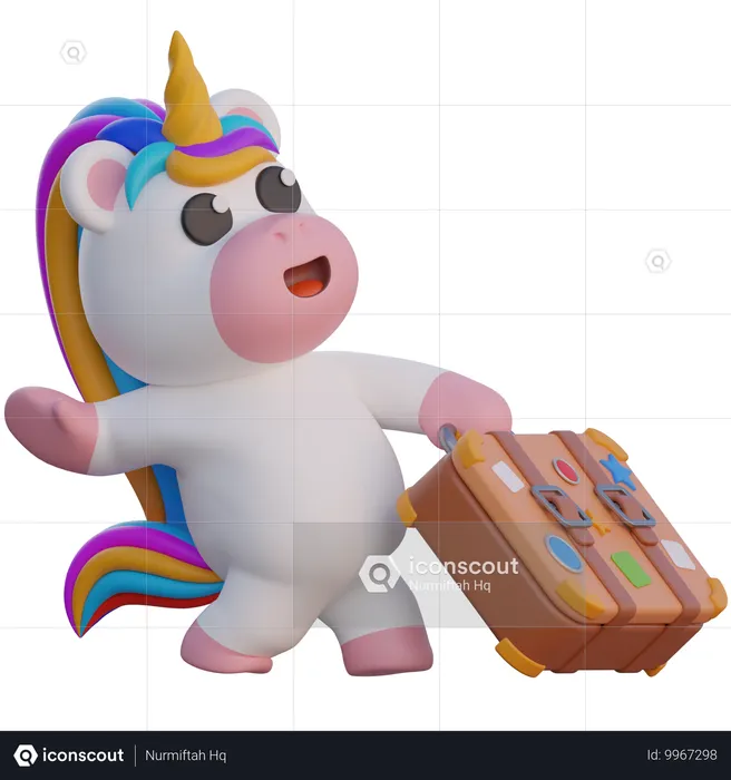 Unicorn Pulling Suitcases  3D Illustration