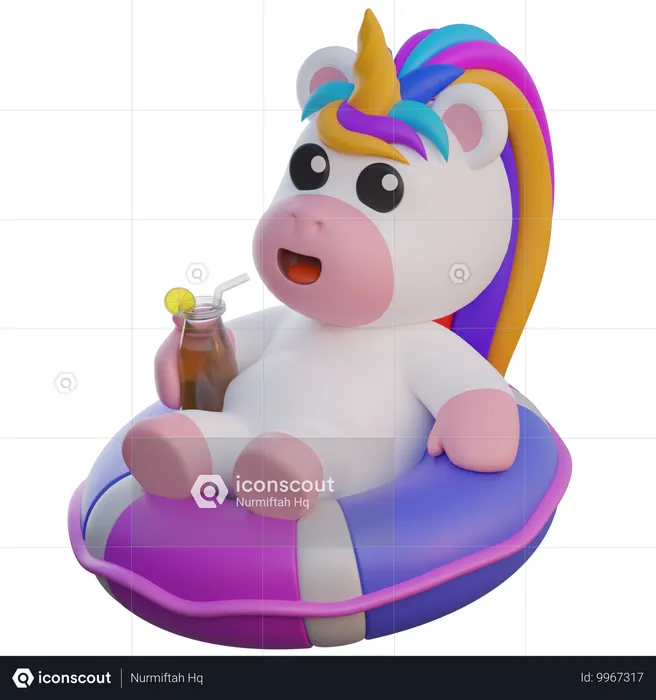 Unicorn Relaxing On Lifebuoy And Drinking Juice  3D Illustration