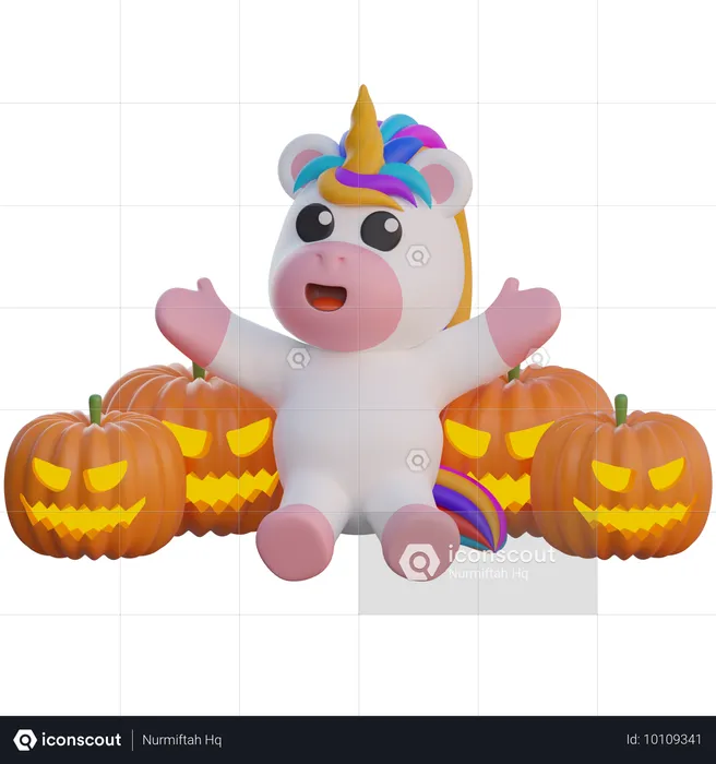 Unicorn with Pumpkin Head Halloween Decorations  3D Illustration