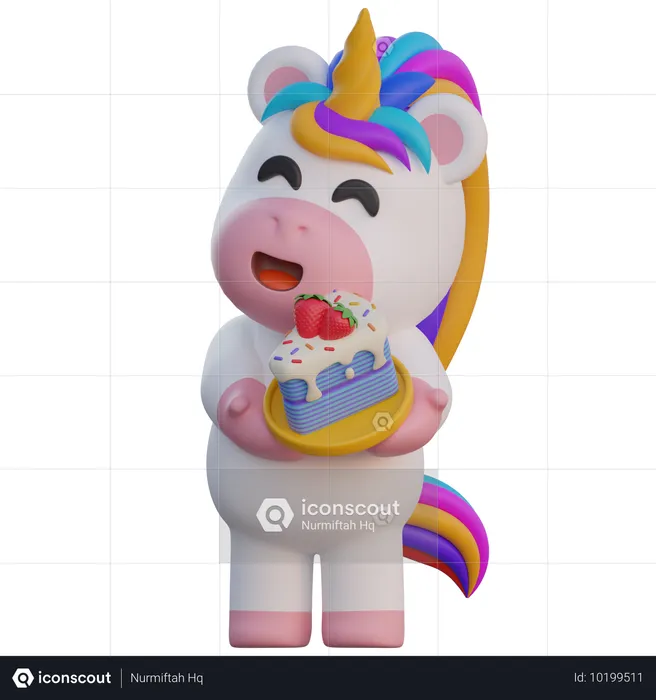 El unicornio sirve una rebanada de pastel  3D Illustration