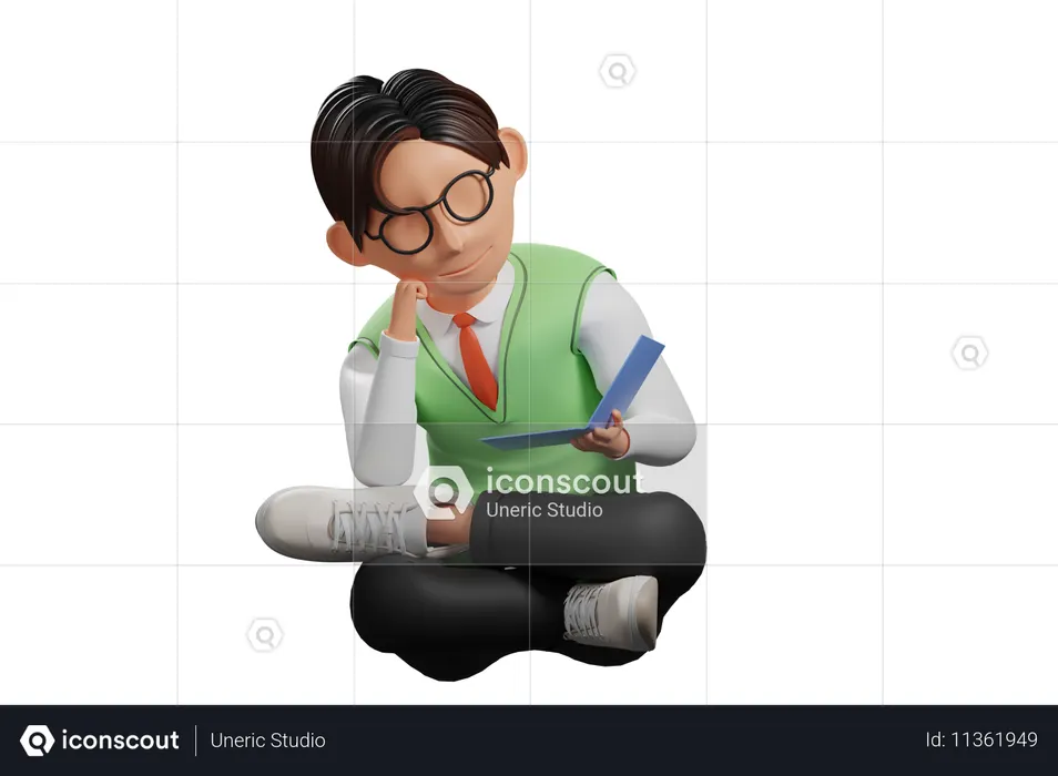 Élève masculin en uniforme scolaire lisant un livre  3D Icon