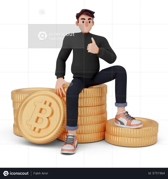 Unique guy sitting on bitcoin stack  3D Illustration