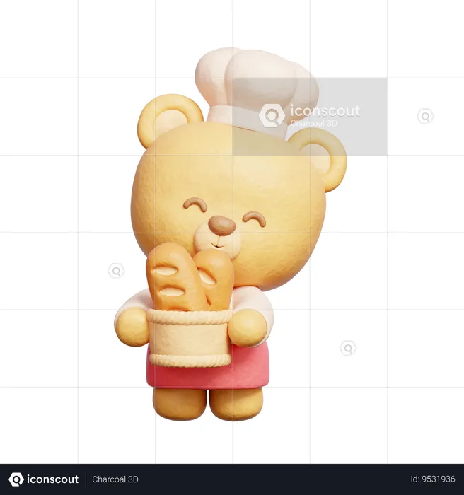 Urso fofo usa uniforme de chef segurando pão  3D Icon