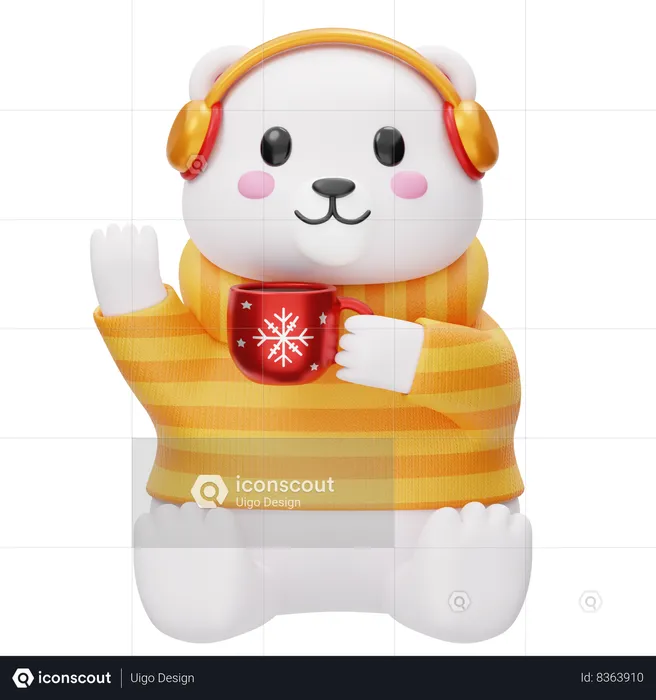 Urso polar com fones de ouvido e café  3D Illustration