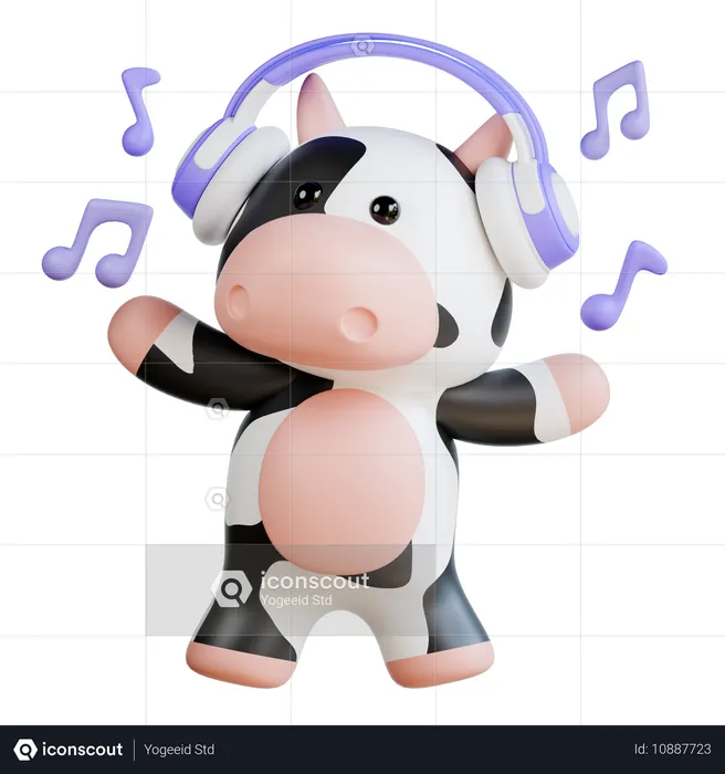 Vaca fofa ouvindo música usando fone de ouvido  3D Illustration