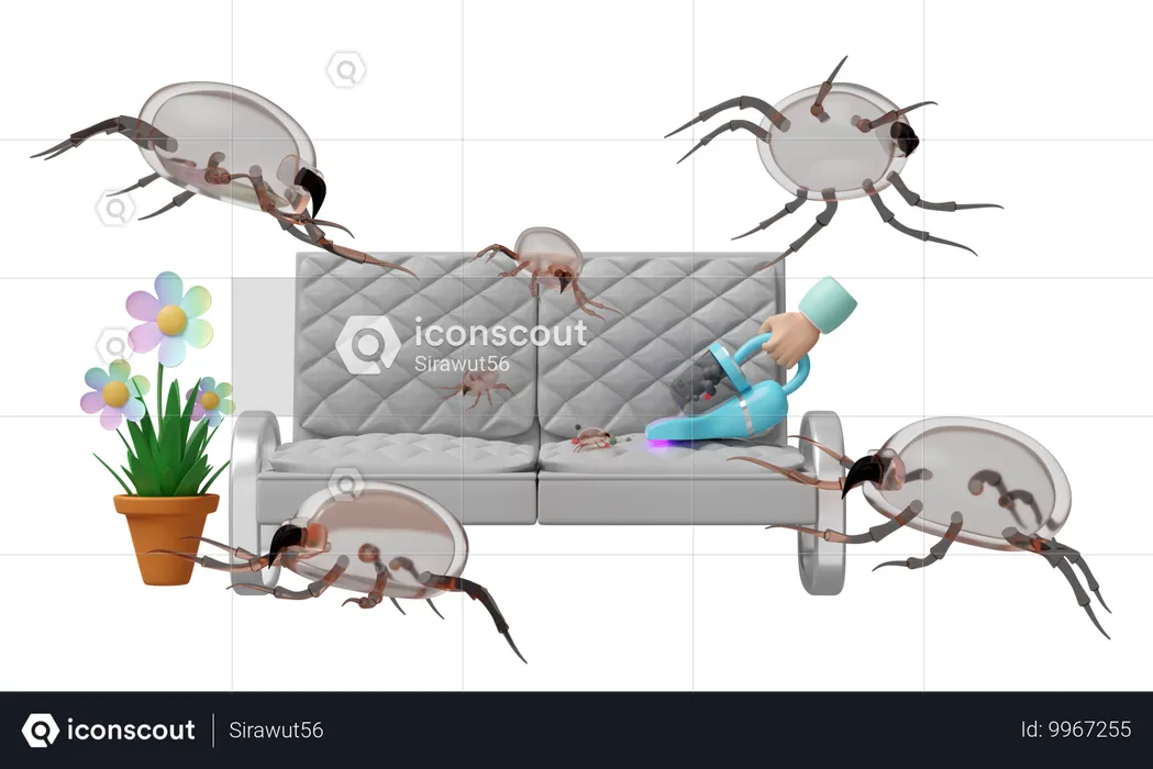 Vacuum cleaner cleans bedbugs from sofa  3D Illustration